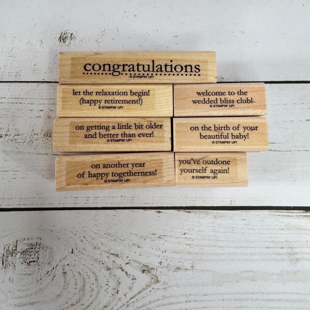 Stampin Up Congrats Set of 7 Wood Mounted Rubber Stamps‎ Baby Wedding Birthday